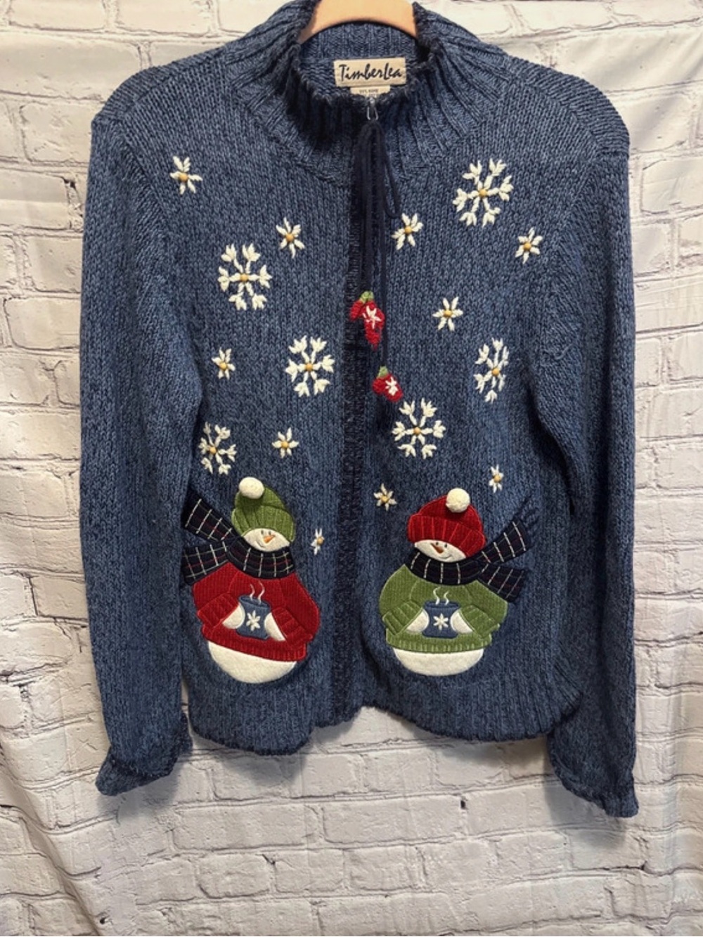 Timberlea Blue Snowman Embroidered Zip Cardigan